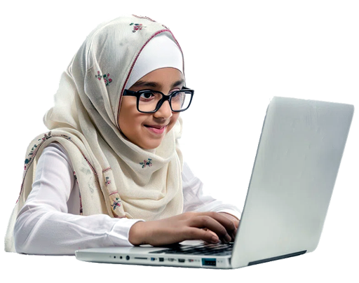 A young girl in a hijab is using a laptop for online Quran classes, highlighting accessible education for all ages.
